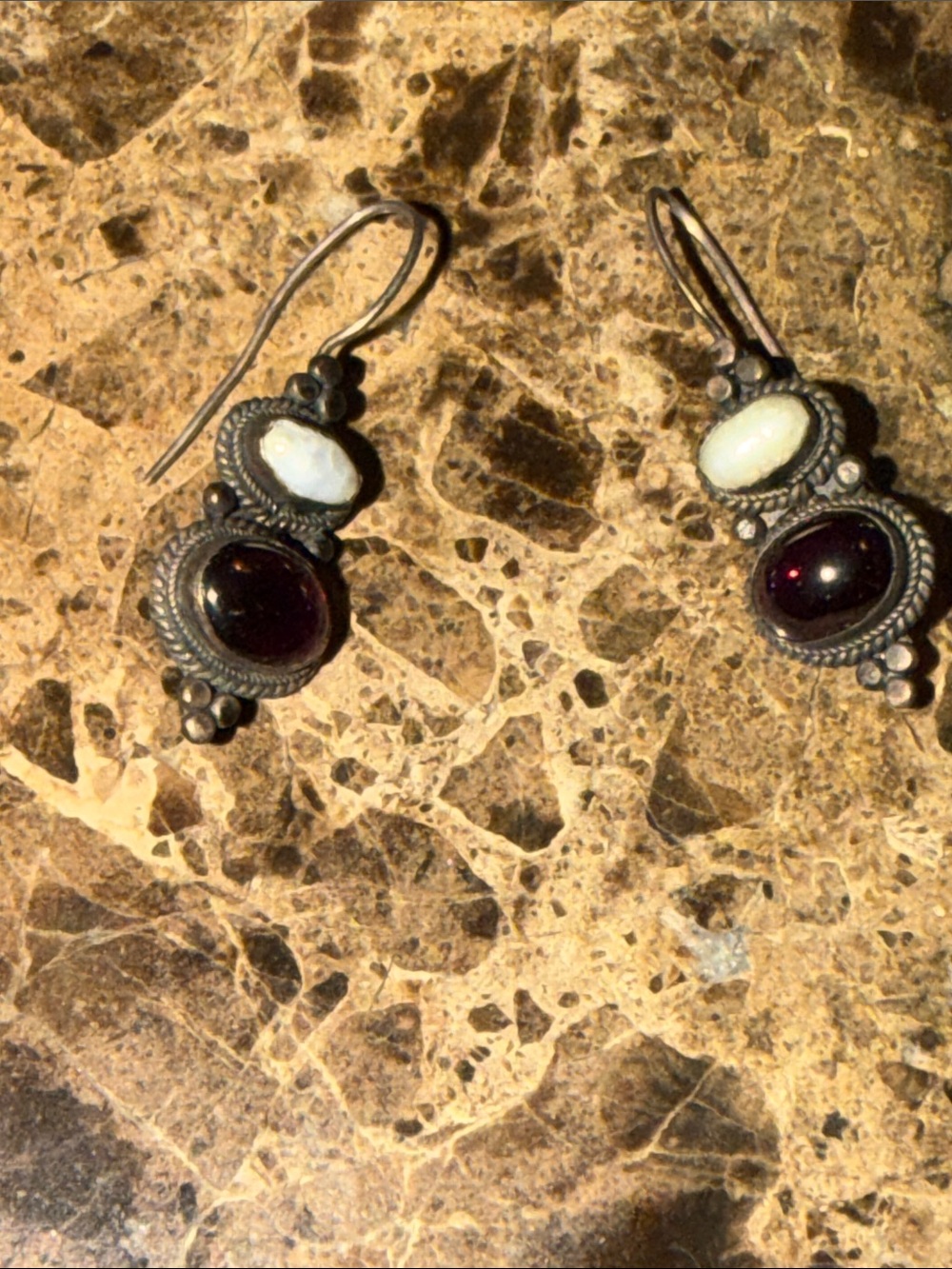 Sterling Silver Garnet and White pearl pierced vintage Earrings